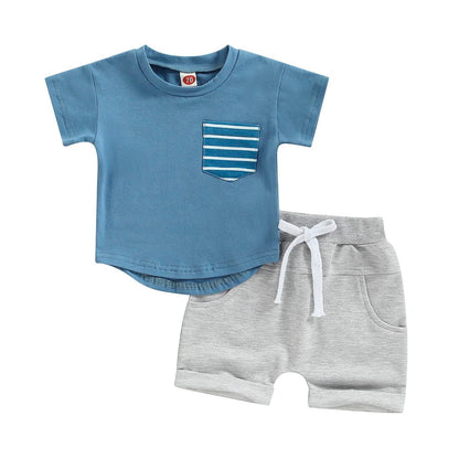Striped Pocket Tee Solid Shorts Baby Set