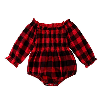 Long Sleeve Off Shoulder Plaid Baby Romper