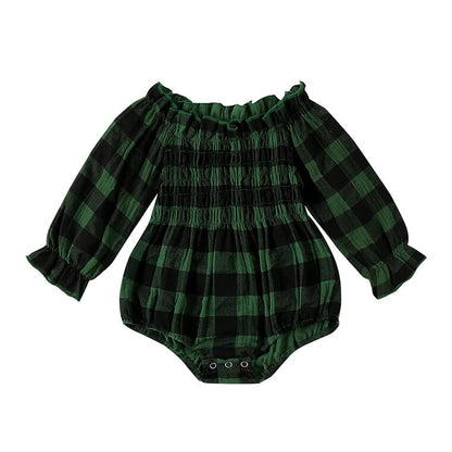 Long Sleeve Off Shoulder Plaid Baby Romper