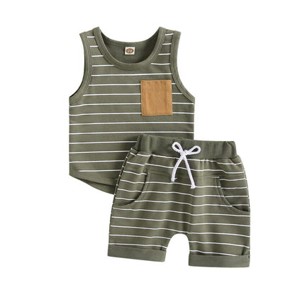 Sleeveless Striped Pocket Baby Set