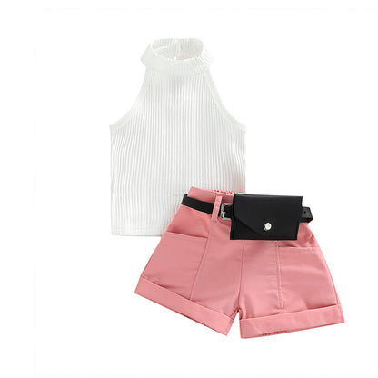 Sleeveless Stand Up Collar Top Toddler Set