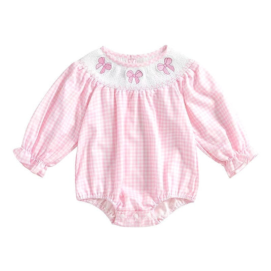 Long Sleeve Pink Plaid Bows Baby Romper