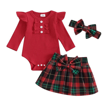 Long Sleeve Plaid Skirt Baby Set