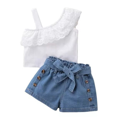 Eyelet Ruffle One-Shoulder Top Denim Shorts Toddler Set