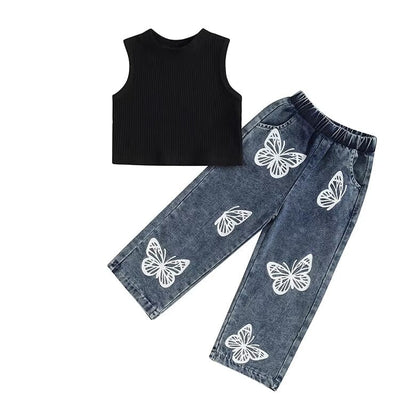 Ribbed Tank Denim Pants Toddler Set