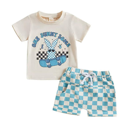 Short Sleeve Checkered Bunny Baby Set