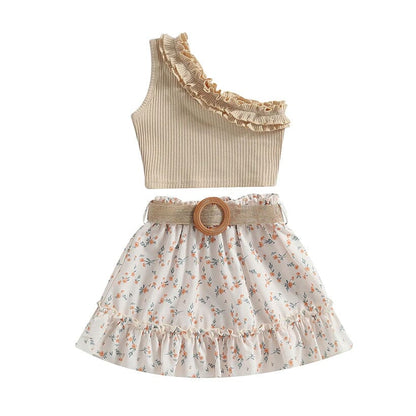One Shoulder Ribbed Floral Toddler Set