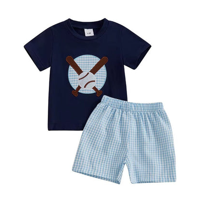 Short Sleeve Baseball Plaid Shorts Baby Set
