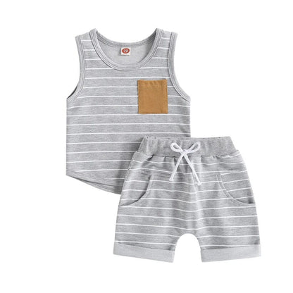 Sleeveless Striped Pocket Baby Set