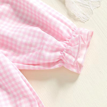 Long Sleeve Pink Plaid Bows Baby Romper