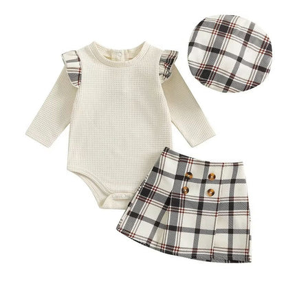 Long Sleeve Waffle Plaid Skirt Baby Set
