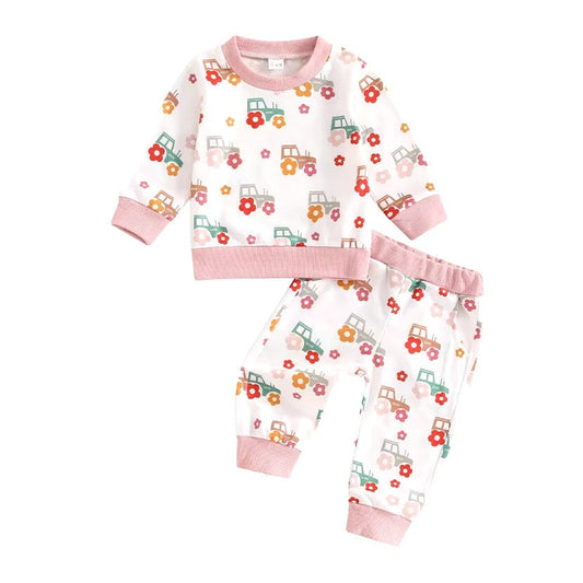 Long Sleeve Floral Tractor Baby Set