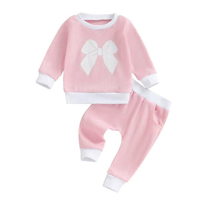 Long Sleeve Waffle Bow Baby Set