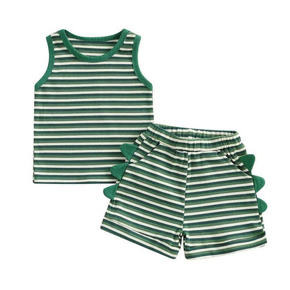 Sleeveless Green Striped Dino Baby Set