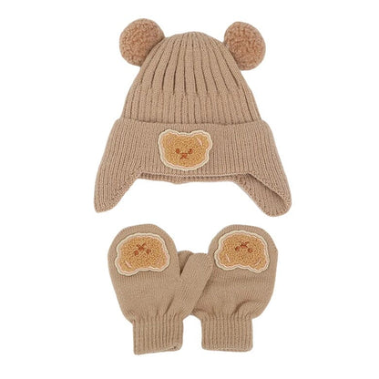 Bear Knitted Beanie Mittens Set