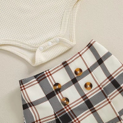 Long Sleeve Waffle Plaid Skirt Baby Set