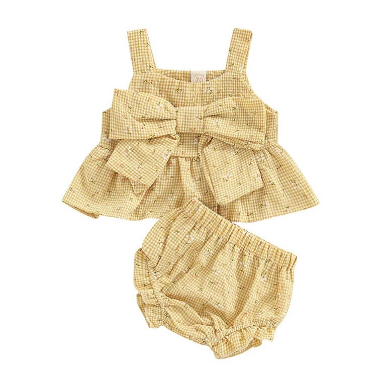 Floral Plaid Bowknot Baby Set
