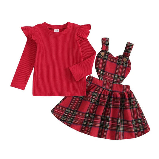 Long Sleeve Plaid Skirt Christmas Toddler Set