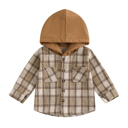 Long Sleeve Plaid Hooded Baby Shirt