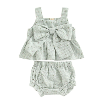 Floral Plaid Bowknot Baby Set