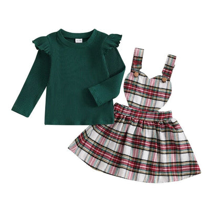 Long Sleeve Plaid Skirt Christmas Toddler Set