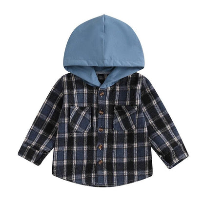 Long Sleeve Plaid Hooded Baby Shirt