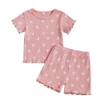 Short Sleeve Ribbed Bows Toddler Set