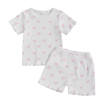 Short Sleeve Ribbed Bows Toddler Set