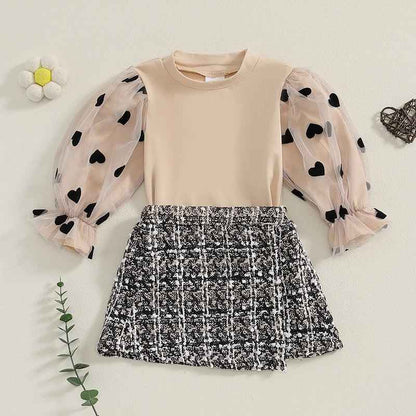 Heart Mesh Long Sleeve Top and Tweed Skirts Set