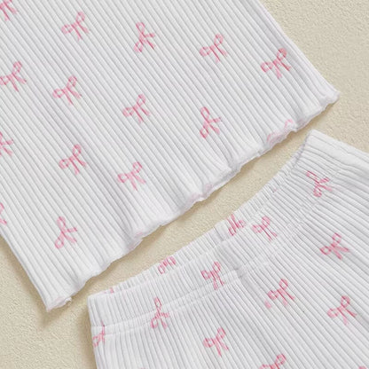 Short Sleeve Ribbed Bows Toddler Set