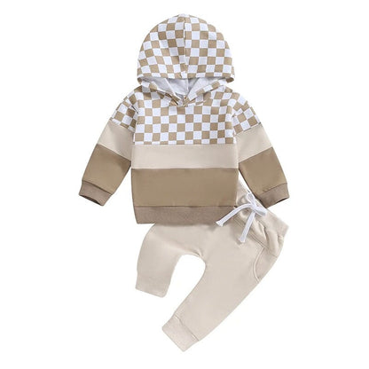 Checkered Hoodie Solid Pants Baby Set