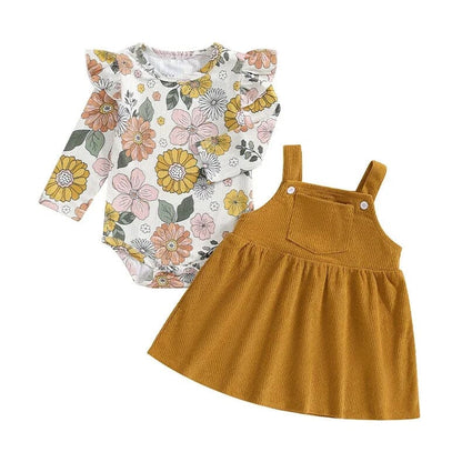 Long Sleeve Floral Suspender Baby Set