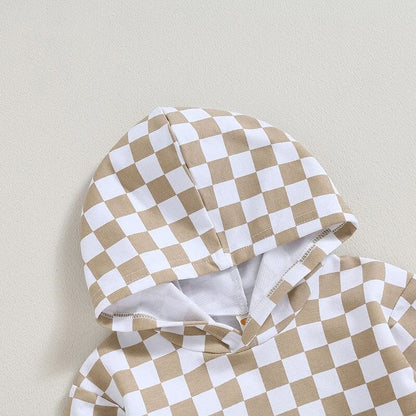 Checkered Hoodie Solid Pants Baby Set
