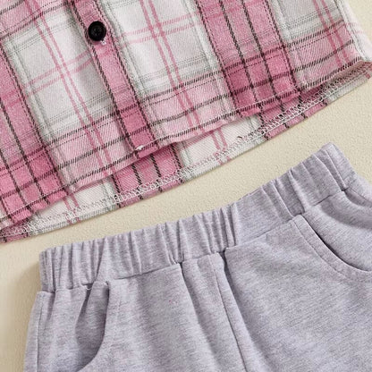 Short Sleeve Hooded Plaid Toddler Set