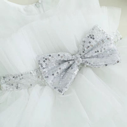 Sparkly Silver Bow Tulle Toddler Dress