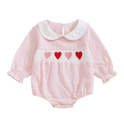 Long Sleeve Plaid Collar Hearts Baby Romper