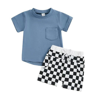 Short Sleeve Checkered Shorts Baby Set