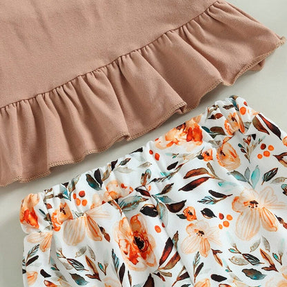Solid Ruffled Top Floral Pants Baby Set