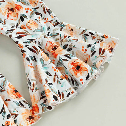 Solid Ruffled Top Floral Pants Baby Set