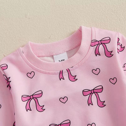 Long Sleeve Pink Bows Hearts Baby Set