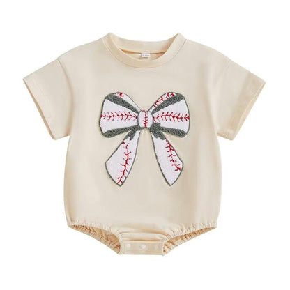Short Sleeve Baseball Bow Baby Bodysuit