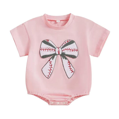 Short Sleeve Baseball Bow Baby Bodysuit