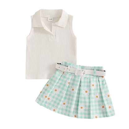 Sleeveless Collar Daisy Plaid Skirt Toddler Set