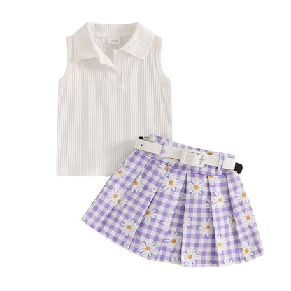 Sleeveless Collar Daisy Plaid Skirt Toddler Set