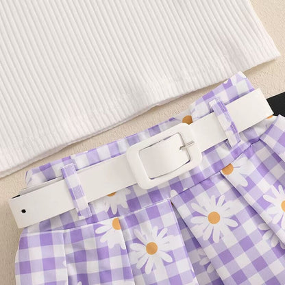 Sleeveless Collar Daisy Plaid Skirt Toddler Set