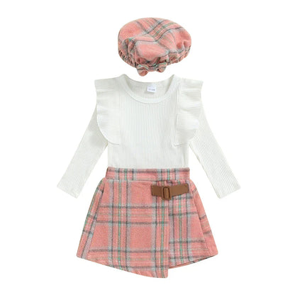Long Sleeve Plaid Buckle Skirt Set