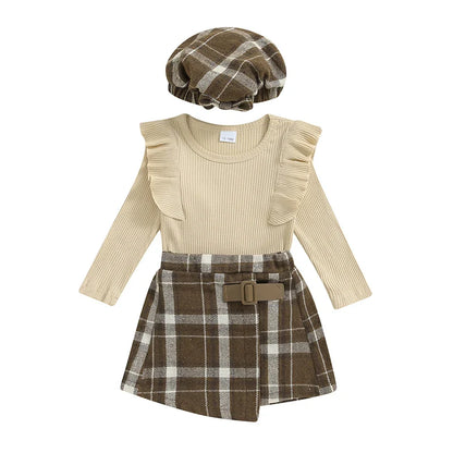 Long Sleeve Plaid Buckle Skirt Set