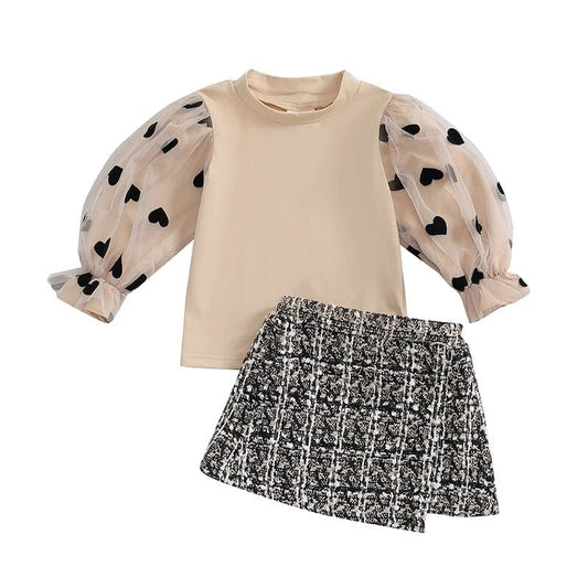 Heart Mesh Long Sleeve Top and Tweed Skirts Set