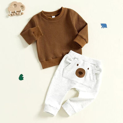 Long Sleeve Waffle Bear Pants Baby Set