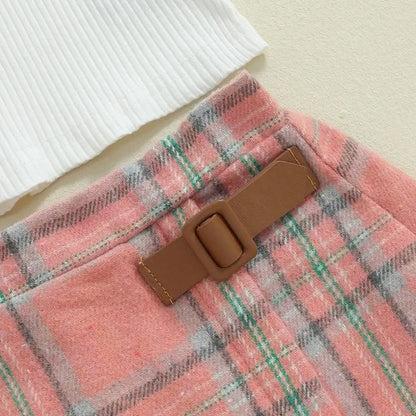 Long Sleeve Plaid Buckle Skirt Set